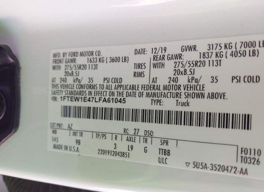 Photo 9 of 2020 Ford F-150 PLATINUM (VIN 1FTEW1E47LFA61045)