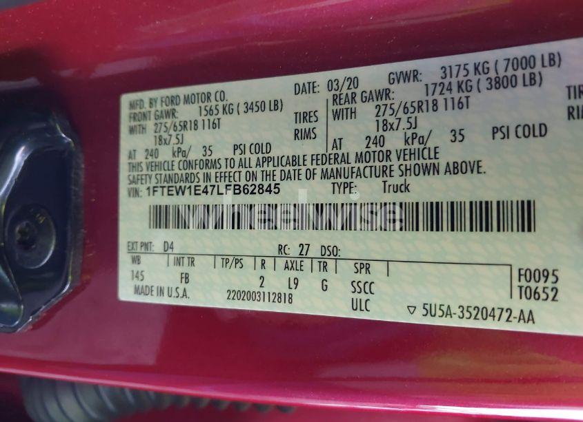 Photo 9 of 2020 Ford F-150 XLT (VIN 1FTEW1E47LFB62845)