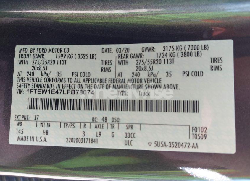 Photo 9 of 2020 Ford F-150 LARIAT (VIN 1FTEW1E47LFB78074)