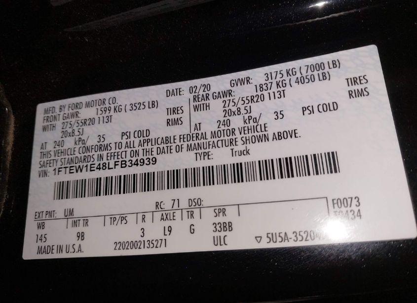 Photo 9 of 2020 Ford F-150 PLATINUM (VIN 1FTEW1E48LFB34939)