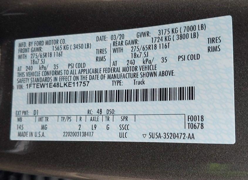 Photo 9 of 2020 Ford F-150 XLT (VIN 1FTEW1E48LKE11757)