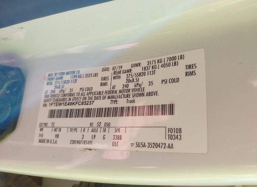 Photo 9 of 2019 Ford F-150 LARIAT (VIN 1FTEW1E49KFC85237)