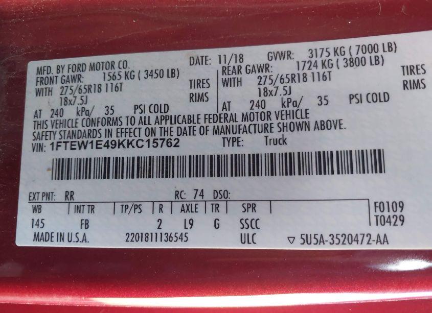 Photo 9 of 2019 Ford F-150 XLT (VIN 1FTEW1E49KKC15762)