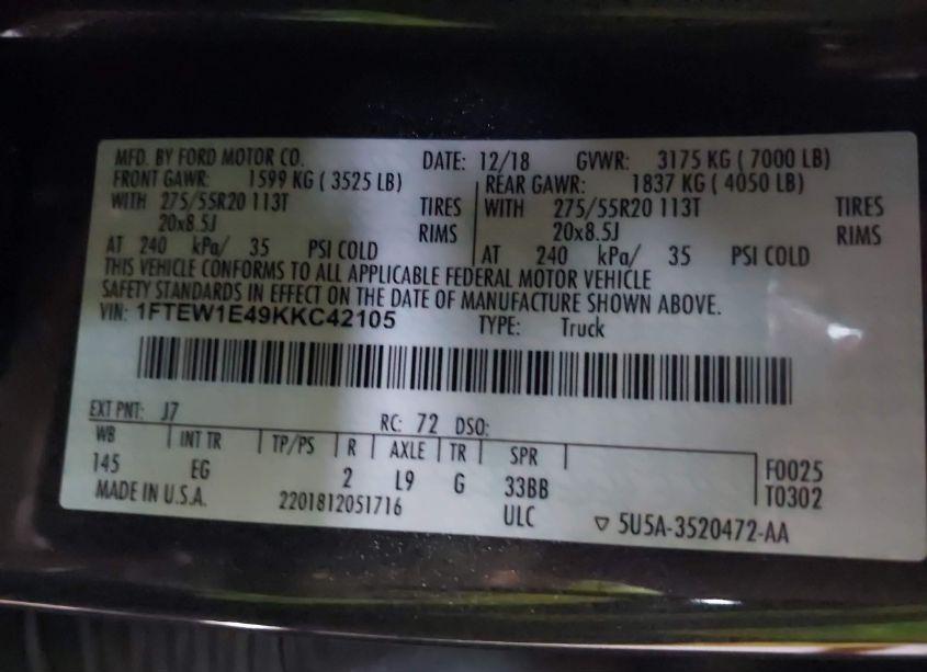 Photo 9 of 2019 Ford F-150 LARIAT (VIN 1FTEW1E49KKC42105)