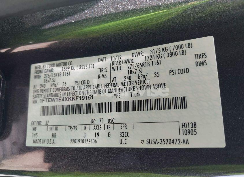 Photo 9 of 2019 Ford F-150 LARIAT (VIN 1FTEW1E4XKKF19151)