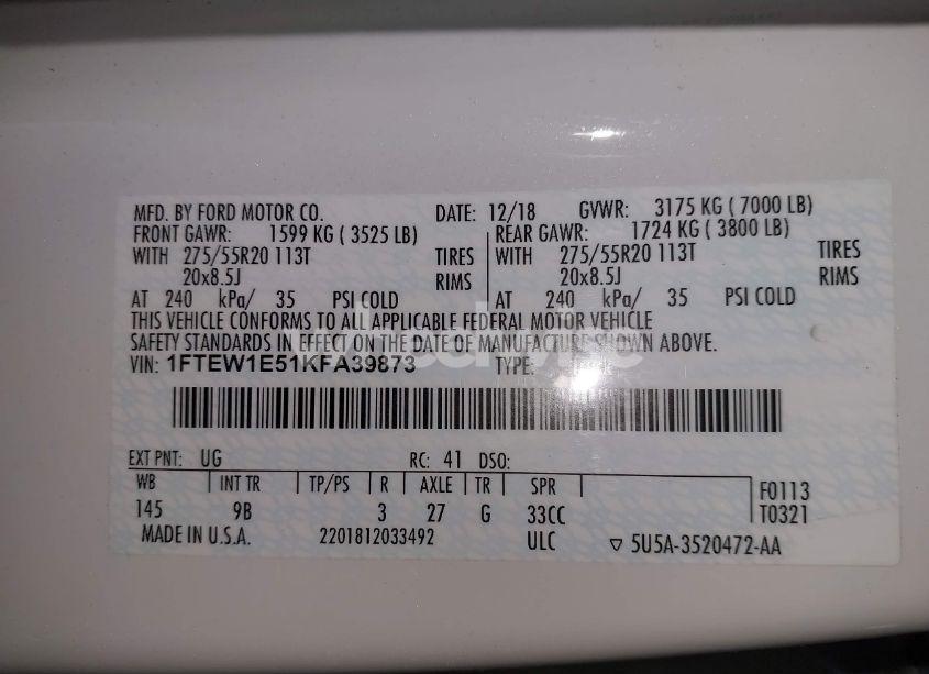 Photo 9 of 2019 Ford F-150 PLATINUM (VIN 1FTEW1E51KFA39873)