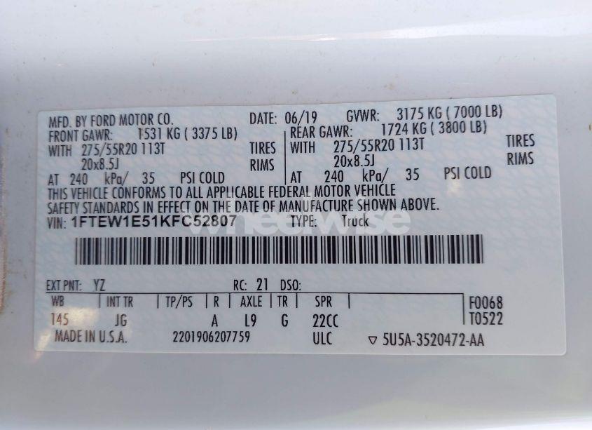 Photo 9 of 2019 Ford F-150 XL (VIN 1FTEW1E51KFC52807)