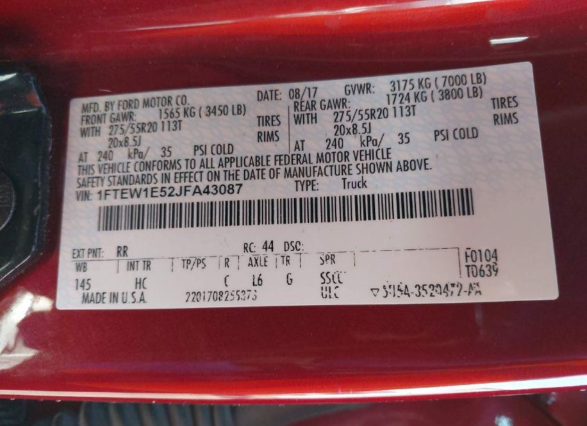 Photo 9 of 2018 Ford F-150 LARIAT (VIN 1FTEW1E52JFA43087)