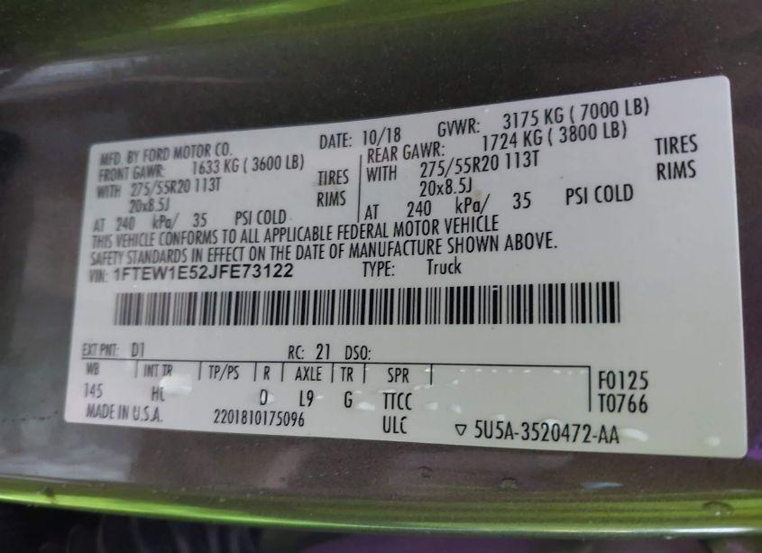 Photo 9 of 2018 Ford F-150 LARIAT (VIN 1FTEW1E52JFE73122)