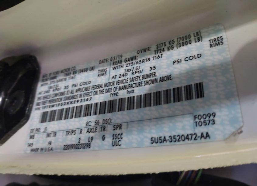 Photo 9 of 2019 Ford F-150 KING RANCH/LARIAT/PLATINUM/XL/XLT (VIN 1FTEW1E52KKE92147)