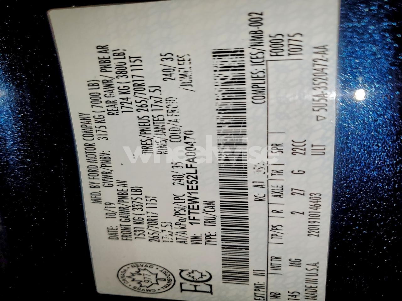 Photo 12 of 2020 FORD F150 SUPERCREW (VIN 1FTEW1E52LFA00470)