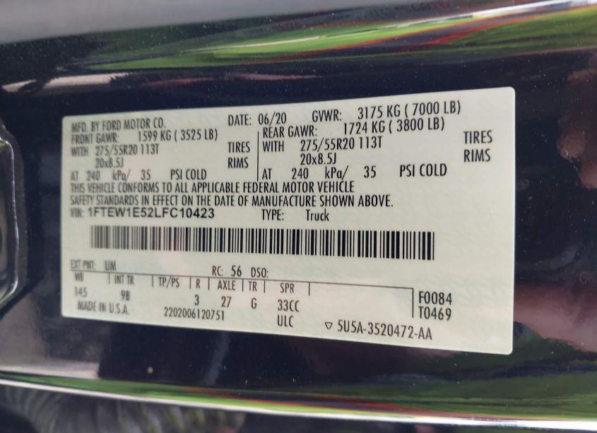 Photo 9 of 2020 Ford F-150 PLATINUM (VIN 1FTEW1E52LFC10423)