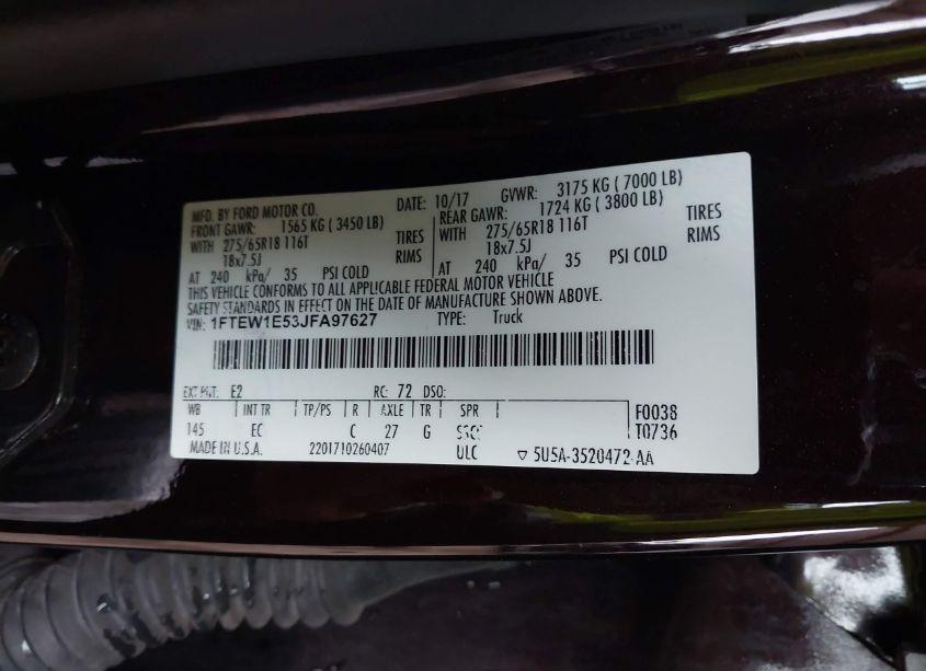 Photo 9 of 2018 Ford F-150 LARIAT (VIN 1FTEW1E53JFA97627)