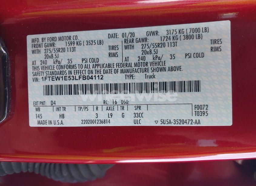 Photo 9 of 2020 Ford F-150 LARIAT (VIN 1FTEW1E53LFB04112)