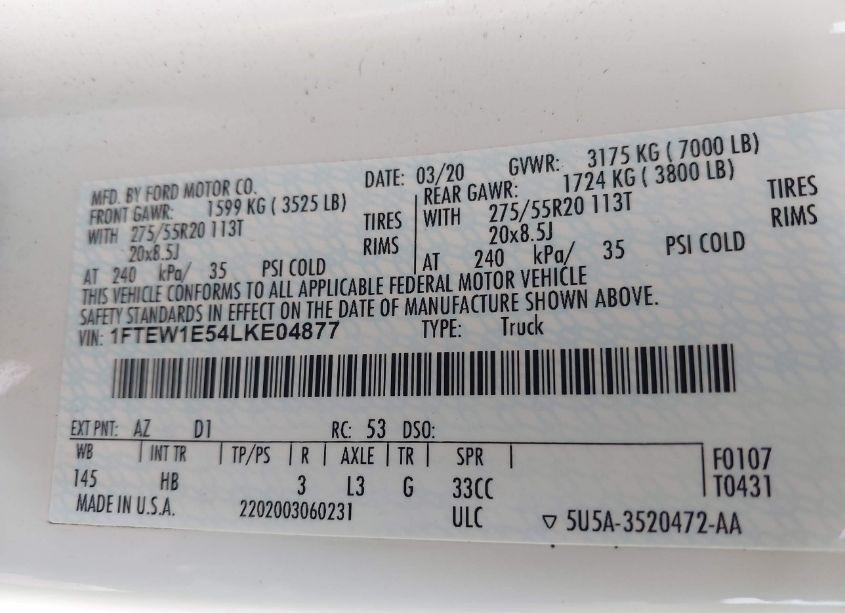 Photo 9 of 2020 Ford F-150 LARIAT (VIN 1FTEW1E54LKE04877)