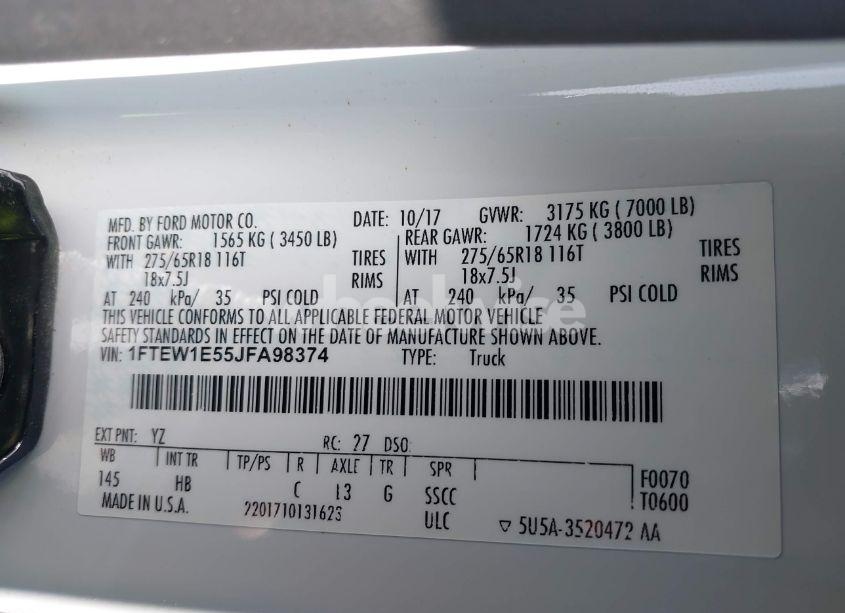 Photo 9 of 2018 Ford F-150 LARIAT (VIN 1FTEW1E55JFA98374)