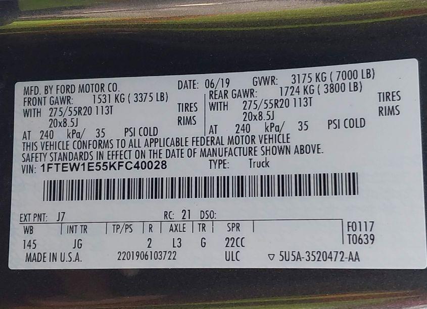 Photo 9 of 2019 Ford F-150 XL (VIN 1FTEW1E55KFC40028)