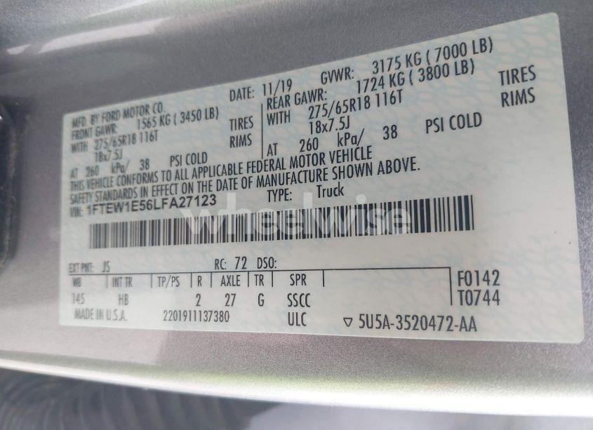 Photo 9 of 2020 Ford F-150 LARIAT (VIN 1FTEW1E56LFA27123)