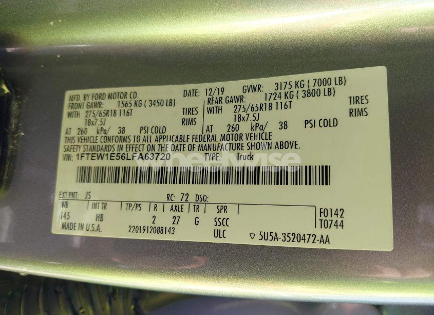 Photo 9 of 2020 Ford F-150 LARIAT (VIN 1FTEW1E56LFA63720)