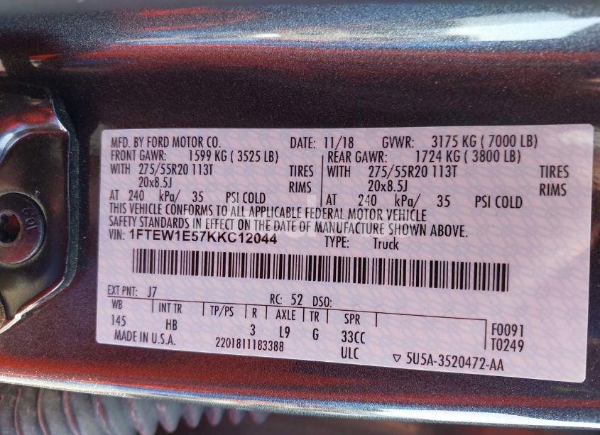 Photo 9 of 2019 Ford F-150 LARIAT (VIN 1FTEW1E57KKC12044)