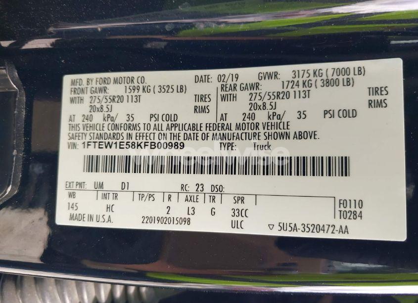 Photo 9 of 2019 Ford F-150 LARIAT (VIN 1FTEW1E58KFB00989)