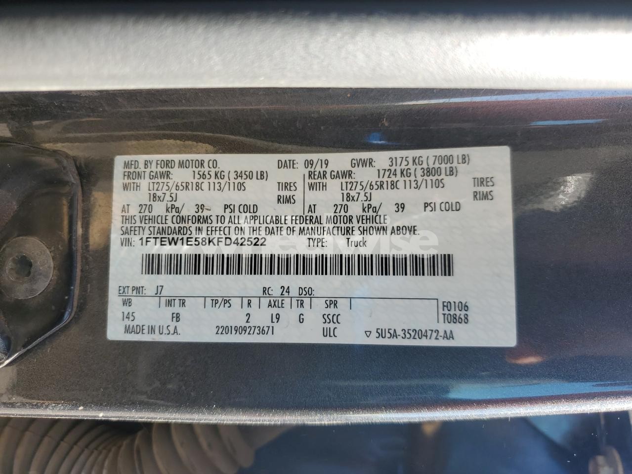 Photo 12 of 2019 FORD F150 SUPERCREW (VIN 1FTEW1E58KFD42522)