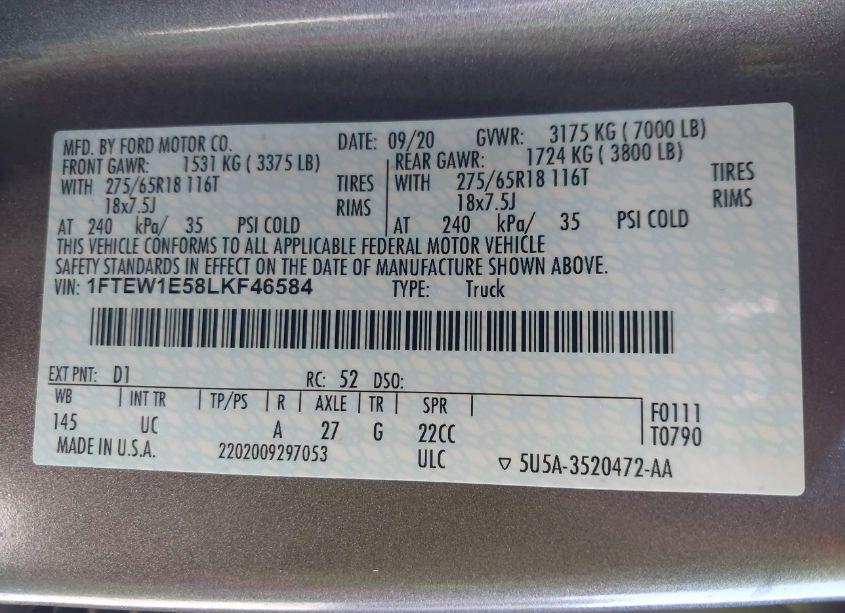 Photo 9 of 2020 Ford F-150 XLT (VIN 1FTEW1E58LKF46584)