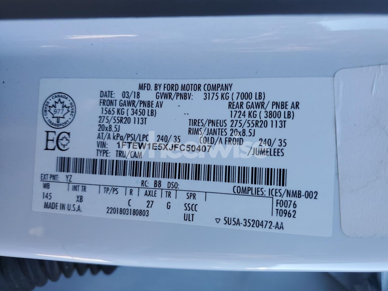 Photo 12 of 2018 FORD F150 SUPERCREW (VIN 1FTEW1E5XJFC50407)