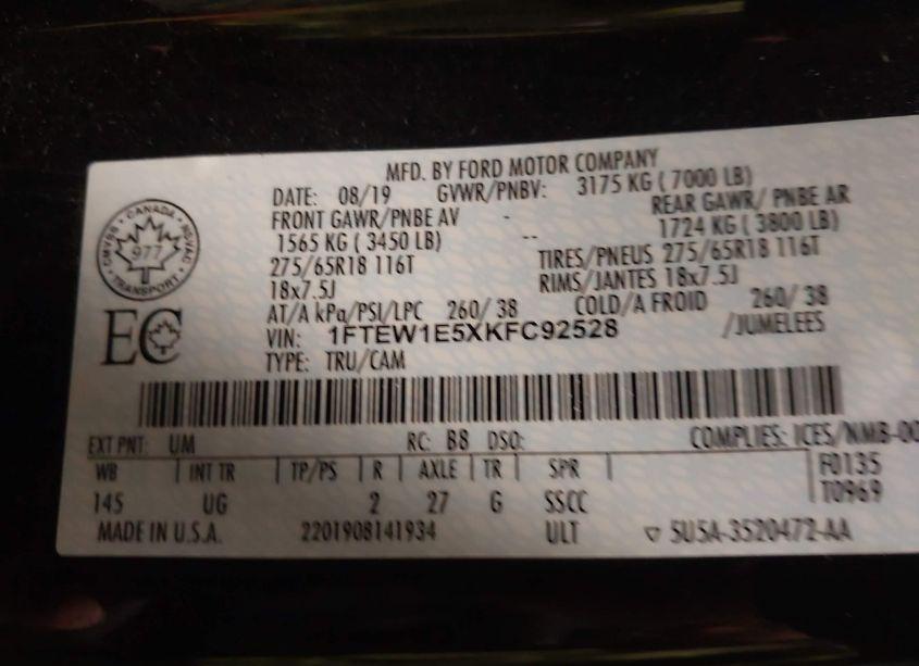 Photo 9 of 2019 Ford F-150 XLT (VIN 1FTEW1E5XKFC92528)