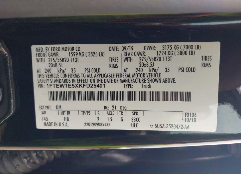 Photo 9 of 2019 Ford F-150 LARIAT (VIN 1FTEW1E5XKFD25401)