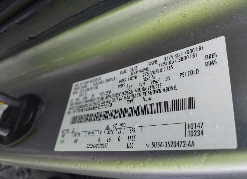 Photo 9 of 2021 Ford F-150 TREMOR (VIN 1FTEW1E80MFC31279)