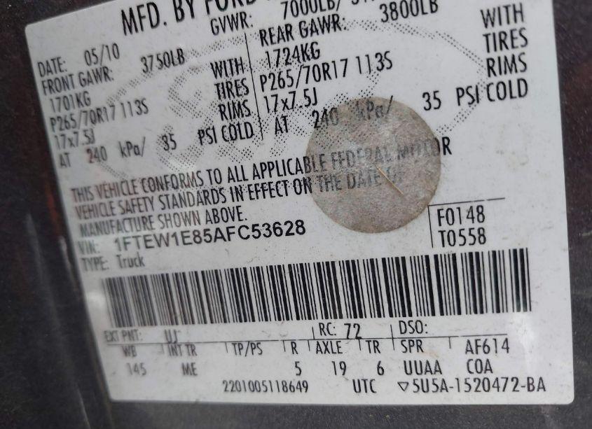 Photo 9 of 2010 Ford F-150 XLT (VIN 1FTEW1E85AFC53628)