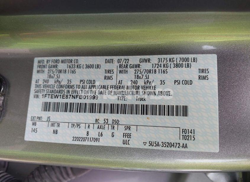 Photo 9 of 2022 Ford F-150 TREMOR (VIN 1FTEW1E87NFB01999)