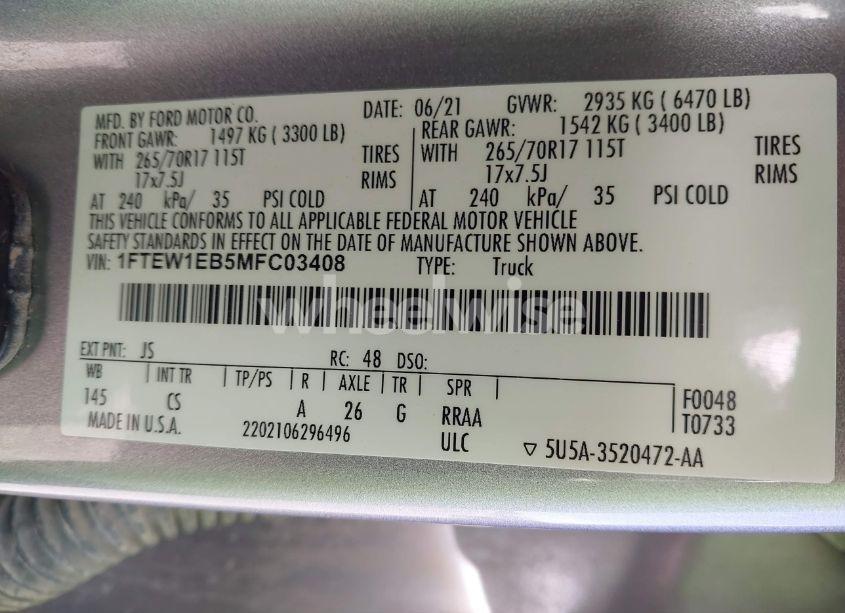 Photo 9 of 2021 Ford F-150 XL (VIN 1FTEW1EB5MFC03408)