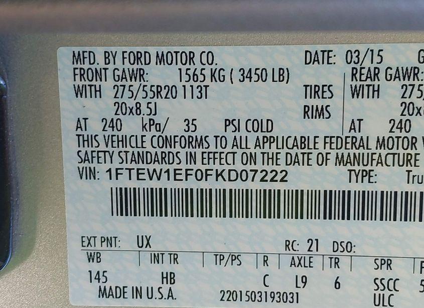 Photo 9 of 2015 Ford F-150 LARIAT (VIN 1FTEW1EF0FKD07222)