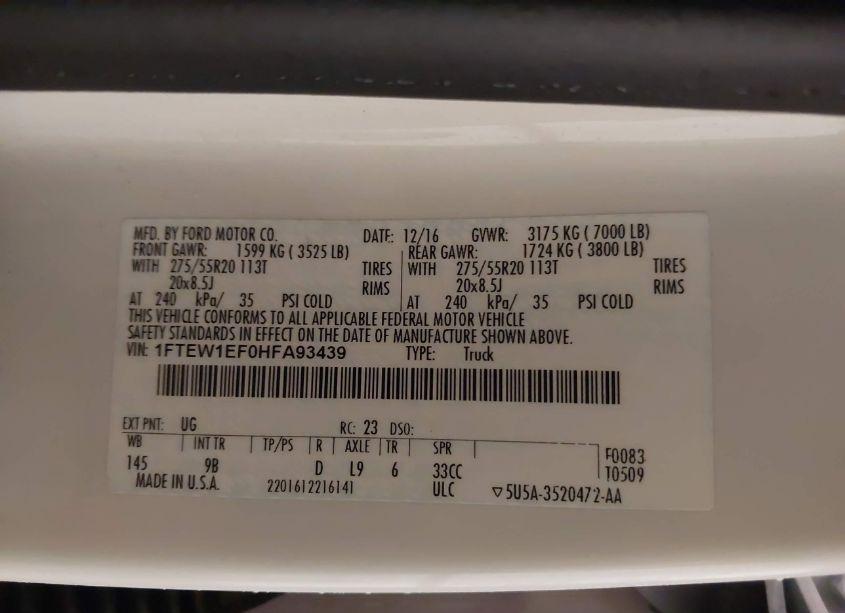 Photo 9 of 2017 Ford F-150 PLATINUM (VIN 1FTEW1EF0HFA93439)