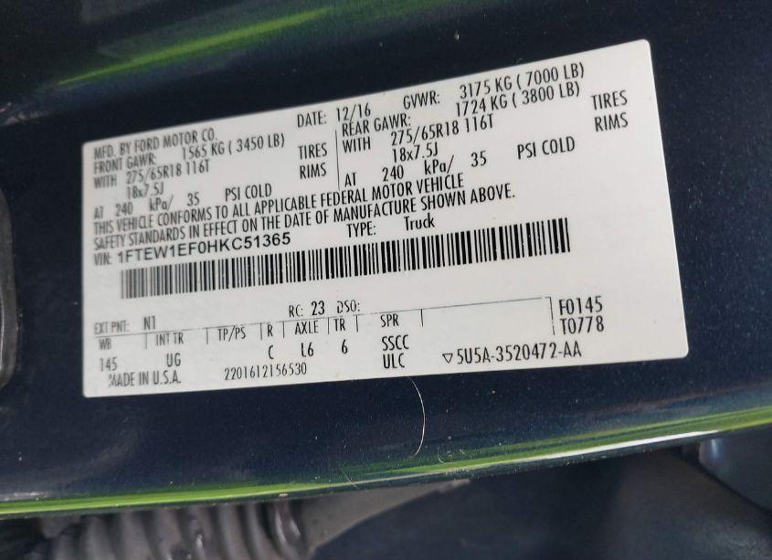 Photo 9 of 2017 Ford F-150 XLT (VIN 1FTEW1EF0HKC51365)