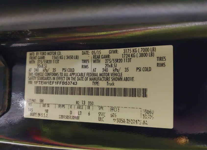 Photo 9 of 2015 Ford F-150 LARIAT (VIN 1FTEW1EF1FFB53743)