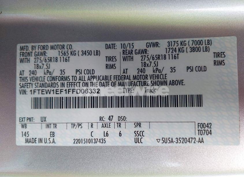 Photo 9 of 2015 Ford F-150 LARIAT (VIN 1FTEW1EF1FFD06332)