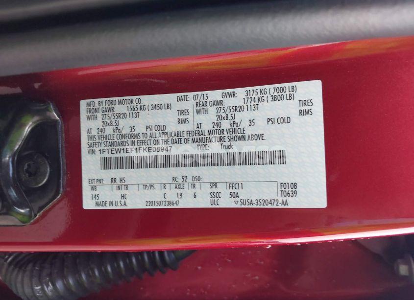 Photo 9 of 2015 Ford F-150 LARIAT (VIN 1FTEW1EF1FKE08947)