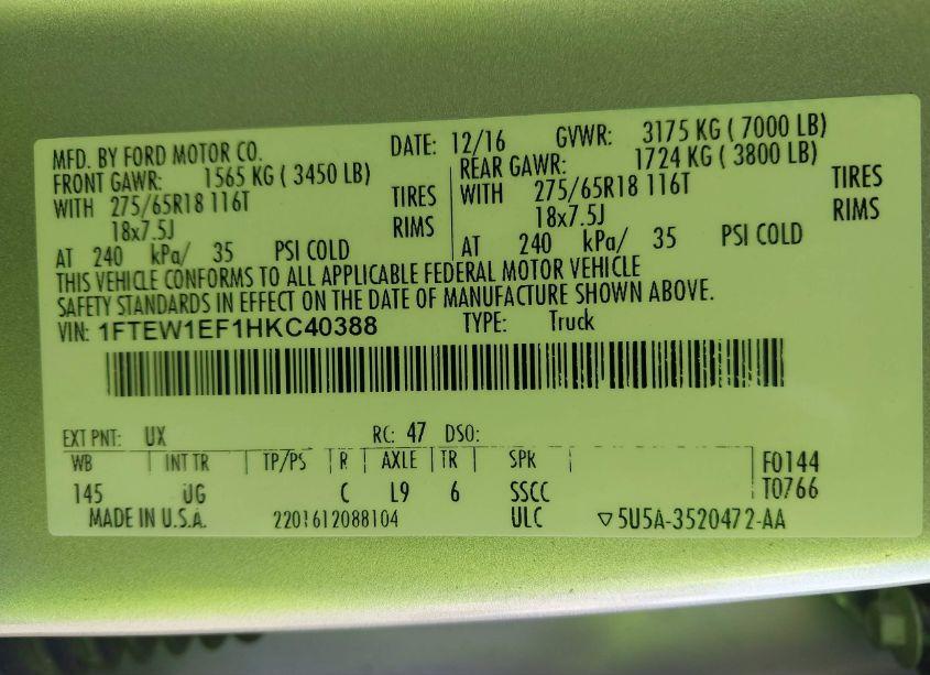 Photo 9 of 2017 Ford F-150 XLT (VIN 1FTEW1EF1HKC40388)