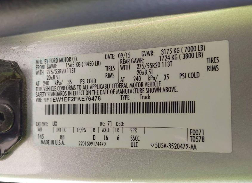 Photo 9 of 2015 Ford F-150 LARIAT (VIN 1FTEW1EF2FKE76478)