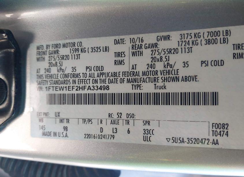 Photo 9 of 2017 Ford F-150 PLATINUM (VIN 1FTEW1EF2HFA33498)