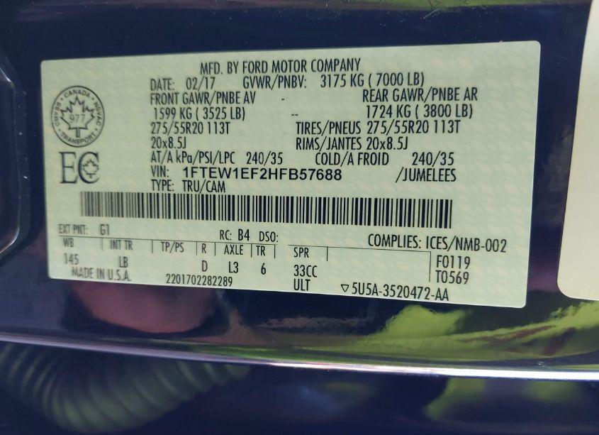 Photo 9 of 2017 Ford F-150 LARIAT (VIN 1FTEW1EF2HFB57688)