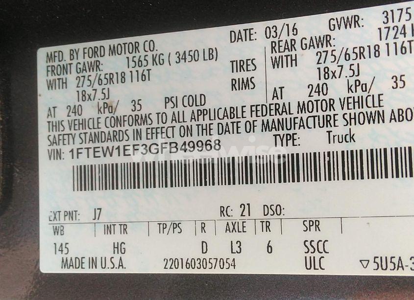 Photo 9 of 2016 Ford F-150 LARIAT (VIN 1FTEW1EF3GFB49968)