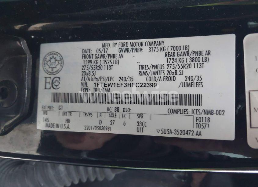 Photo 9 of 2017 Ford F-150 LARIAT (VIN 1FTEW1EF3HFC22399)