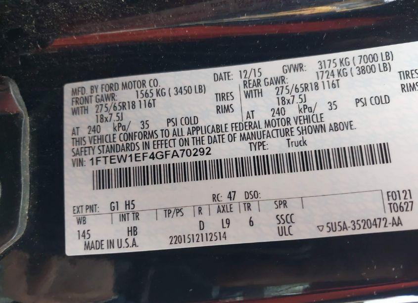 Photo 9 of 2016 Ford F-150 LARIAT (VIN 1FTEW1EF4GFA70292)