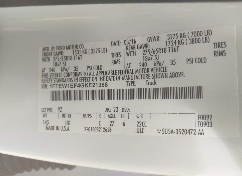 Photo 9 of 2016 Ford F-150 XLT (VIN 1FTEW1EF4GKE21368)