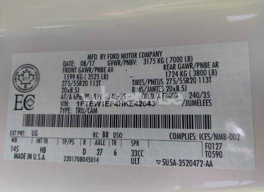 Photo 9 of 2017 Ford F-150 LARIAT (VIN 1FTEW1EF4HKE42643)