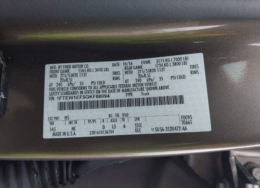 Photo 9 of 2016 Ford F-150 LARIAT (VIN 1FTEW1EF5GKF88094)